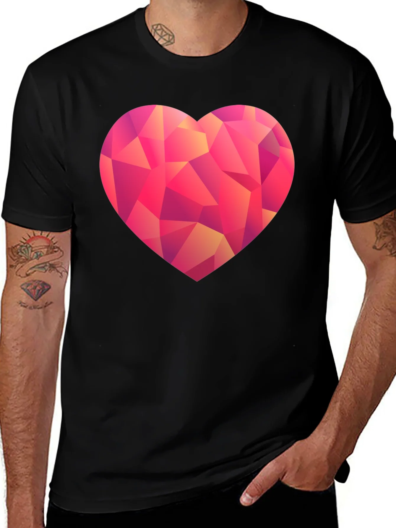 Geometric Heart Print Black T-Shirt