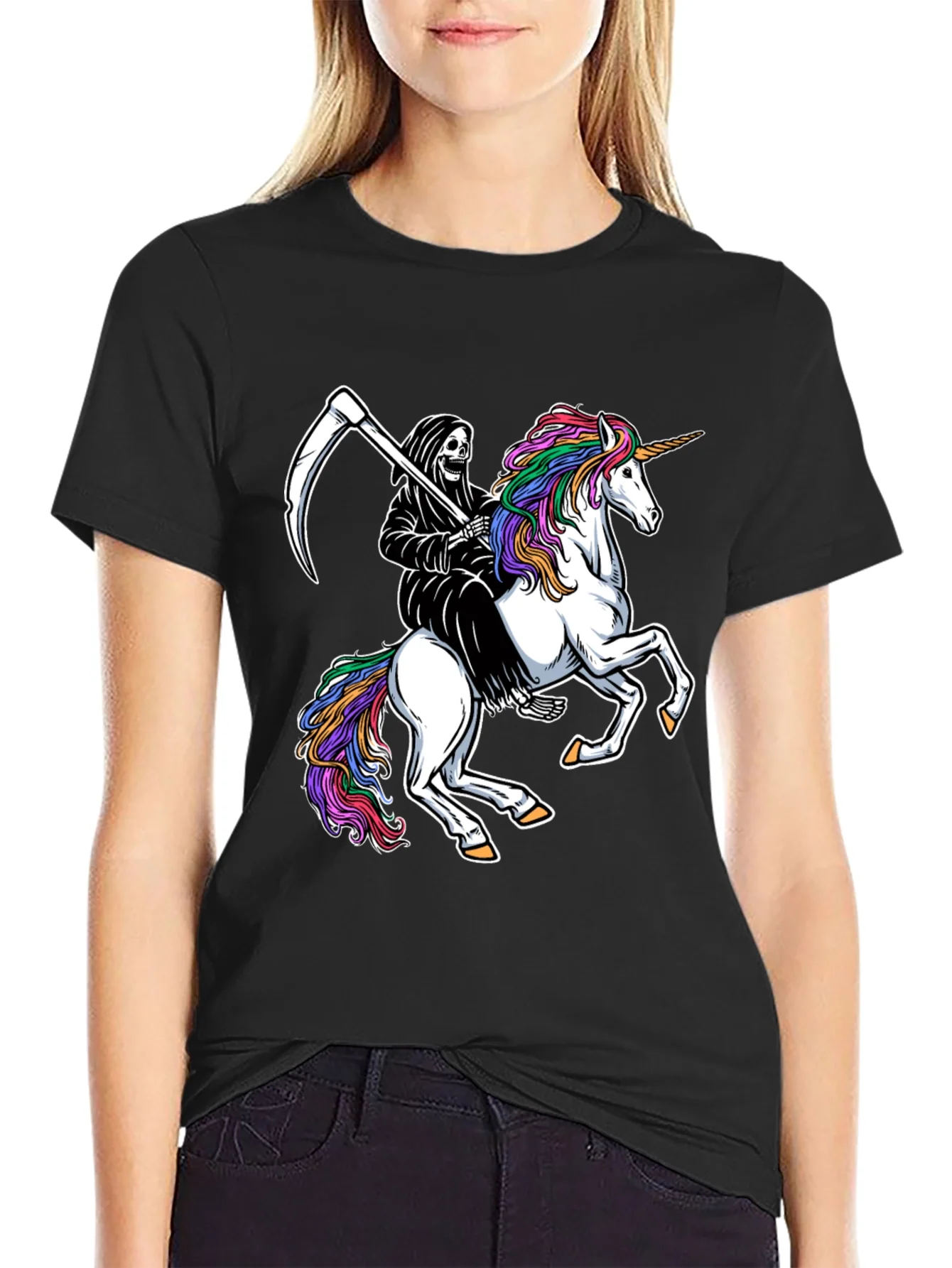 Grim Reaper Riding Unicorn Black T-Shirt