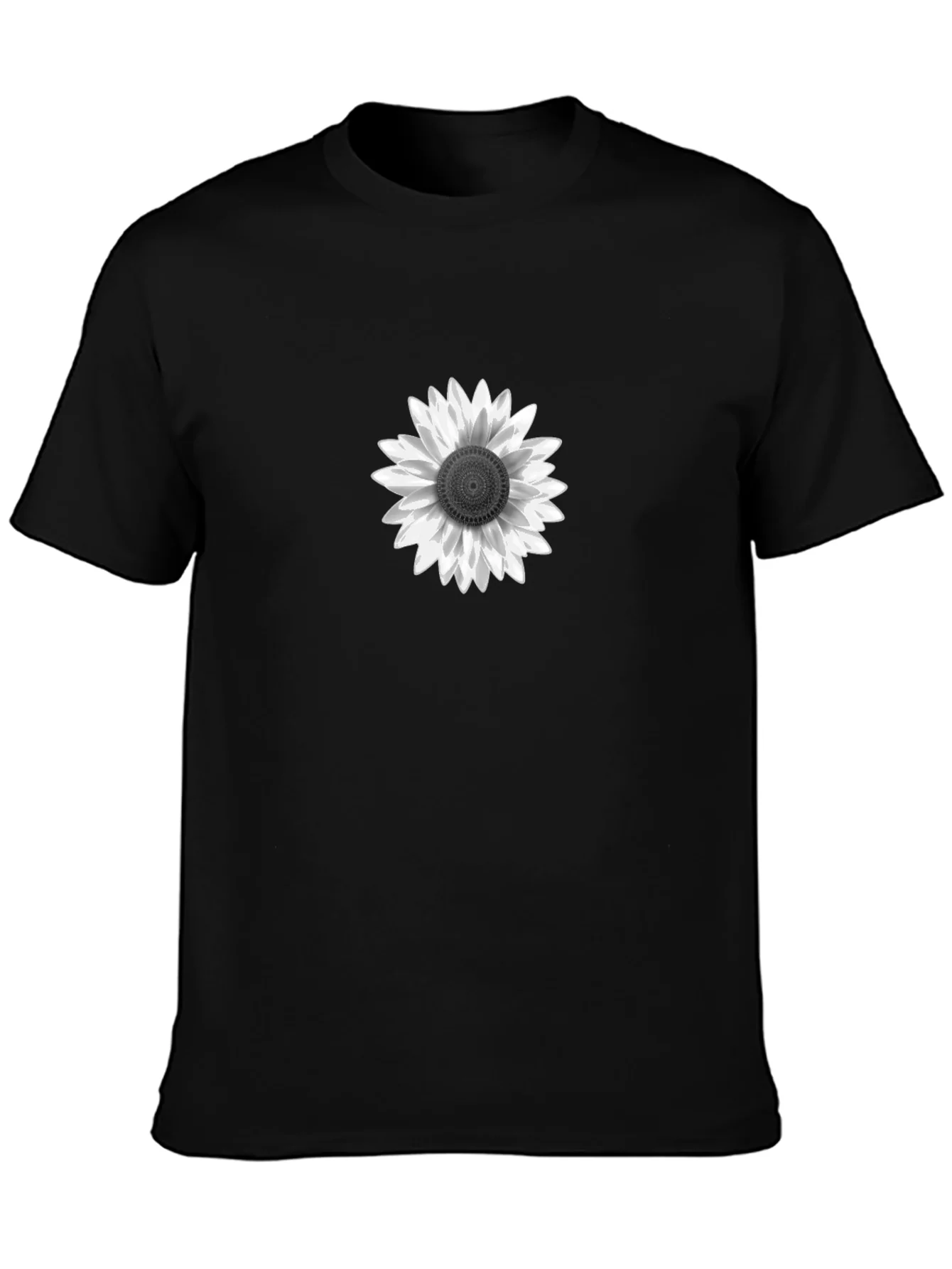 Black T-Shirt with White Sunflower Graphic