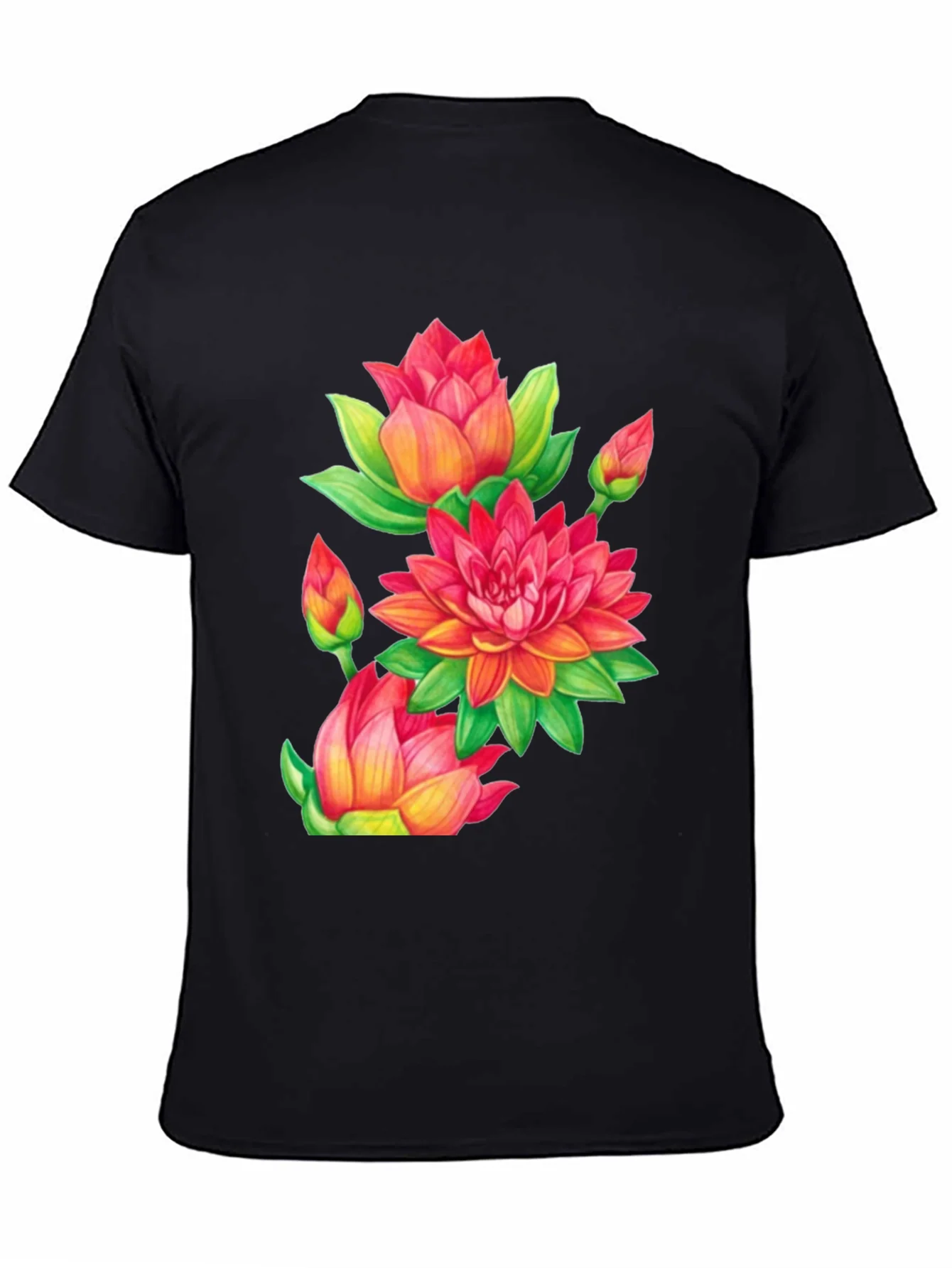 Floral Lotus Print Black T-Shirt