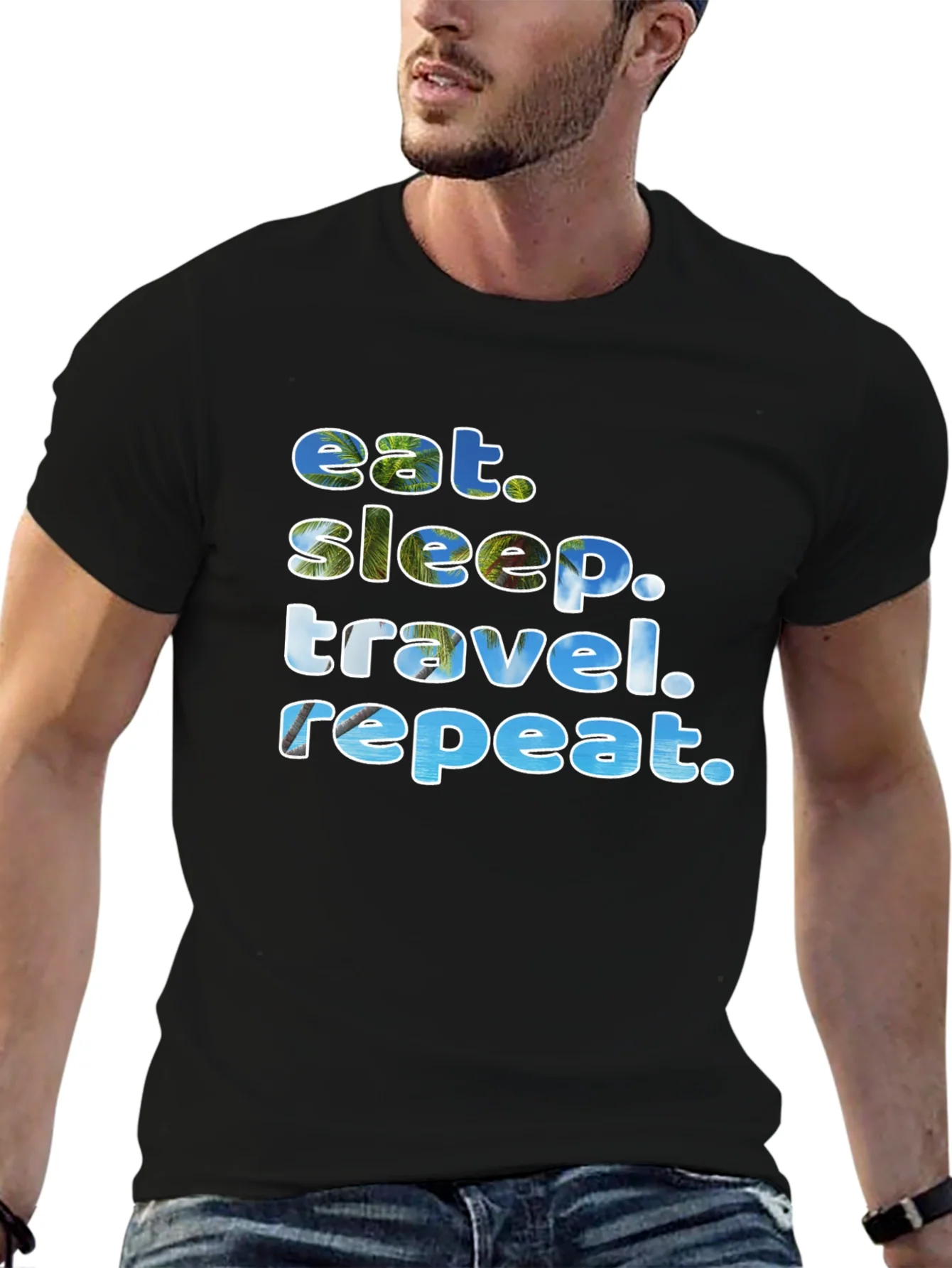 Eat Sleep Travel Repeat Black Graphic T-Shirt